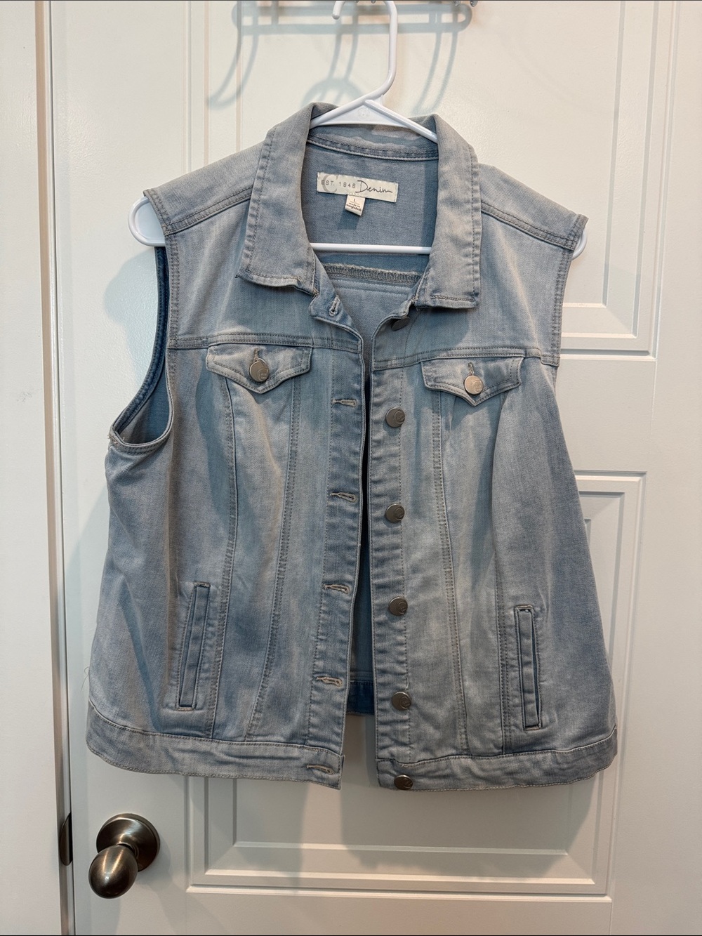 Light Blue Denim Vest - Women's Sleeveless Jean Jacket with Aztec print